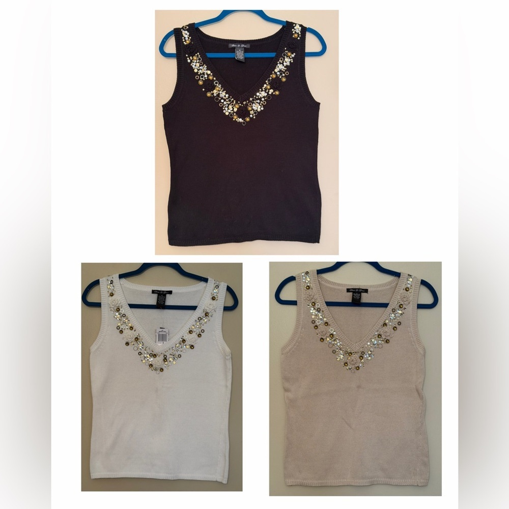 Lot of 3 Olivia & Grace V-neck Knit Tank Tops Size M. Embellished Sequins New